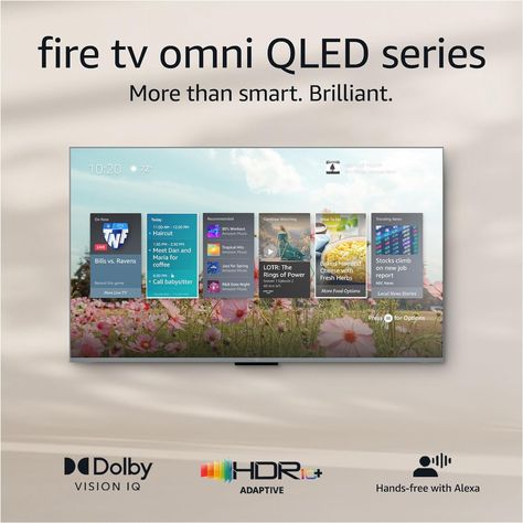 Stunning 4K Quantum Dot Display (QLED) - Makes movies, shows, and live sports pop in brighter, richer, and more lifelike colors. Advanced HDR - Scenes leap off the screen in deep, realistic color with Dolby Vision IQ and HDR10+ Adaptive. HDR10 and HLG are also supported. Adaptive Brightness - Fire TV automatically optimizes the brightness of movies and shows through a built-in sensor that detects the lighting in your room. Echo Speaker, Tv 65, Alexa App, Samsung Smart Tv, Amazon Devices, Free Artwork, Tv Wall Unit, Amazon Fire Tv, Amazon Fire