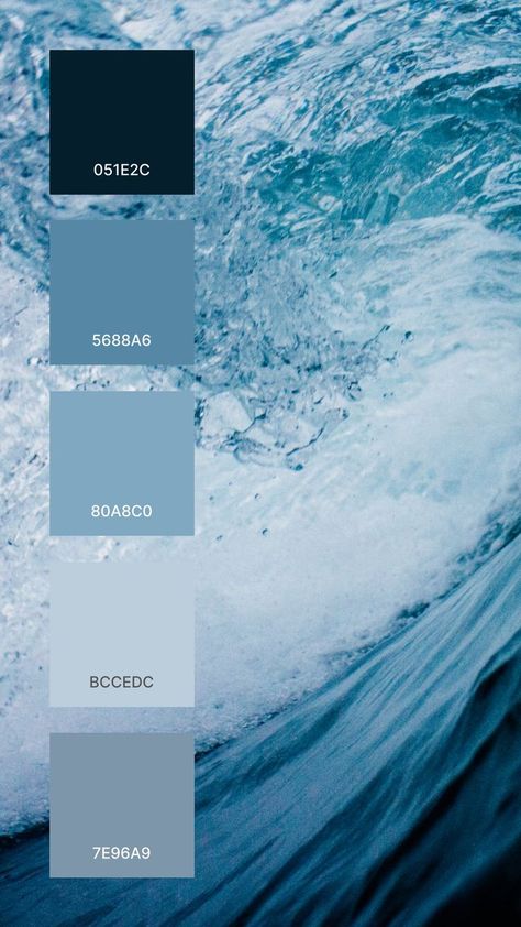 A good colors that work together in a color palette:
051E2C
5688A6
80A8C0
BCCEDC
7E96A9 Color Schemes With Hex Codes, Colour Science, Color Thesaurus, Ocean Color Palette, Christmas Color Palette, Hex Color Palette, Colour Shades, Water Aesthetic, Summer Colours