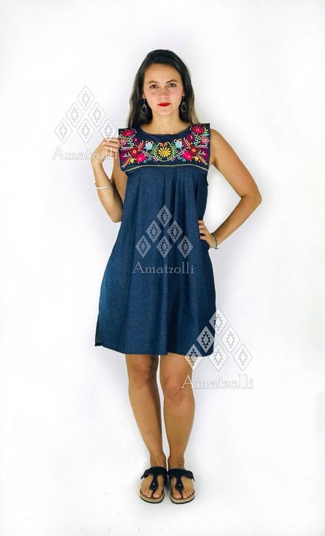 Short Denim Dress, Traditional Mexican Dress, Mexican Dress, Mexican Designs, Mexican Dresses, Short Denim, Wool Vest, Costume Dress, Embroidery Pattern