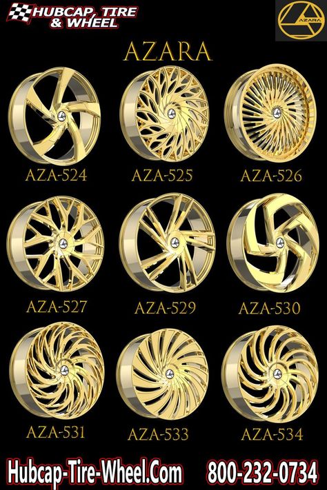 Looking for a wheel that will take your car to the next level of luxury and class? In less than a few months, Azara Custom Wheels will be releasing these golden beauties upon the masses! Keep an eye out, and a hand free to phone us, because if the calls we keep getting are any indicator these Nano Gold wheels will be almost impossible to keep in stock. AZA-524 : AZA-525 : AZA-526 : AZA-527 : AZA-529 : AZA-530 : AZA-531 : AZA-533 : AZA-534 Custom Wheels And Tires, Gold Wheels, Wheel And Tire Packages, Aftermarket Wheels, Custom Wheels, Volkswagen Logo, Wheels And Tires, Wheel Rims, Gloss Black