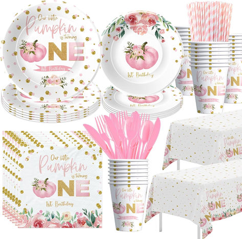 Our Little Pumpkin Is Turning One Decorations Tableware, Fall Thanksgiving Pumpkin 1st Birthday Decorations, Pink Floral Pumpkin First Birthday Party Supplies For Girls | Serve 24 #ad #ourlittlepumpkinisone #ourlittlepumpkinisturningone #firstbirthday #pumpkinparty #pumpkinbirthdayparty #firstbirthdaypartyideas #firstbirthdaypartythemes #firstbirthdaythemesforgirls #girlsbirthdaypartythemes #one #fallbirthdaypartyideas #pumpkinbirthdayparty Fall First Birthday, Fall 1st Birthdays, Halloween 1st Birthdays, Pumpkin Birthday Parties, Pumpkin 1st Birthdays, Pumpkin First Birthday, Fall Birthday Parties, Girls Birthday Party Themes, Birthday Table Decorations