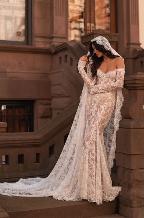 Elegant Wedding Dress Lace Sleeves, Boho Sequin Wedding Dress, Romantic Lace Wedding Dress With Sleeves, Elegant Wedding Dress Mermaid Lace, Lana Del Rey Wedding Dress Aesthetic, Wedding Dresses Gothic White, Lace Elopement Dress, Long Sleeve Casual Wedding Dress, Spanish Inspired Wedding Dress