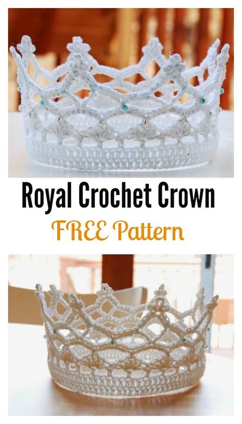 Pretty Royal Crochet Crown FREE Pattern | Make playing dress up a royal pleasure Crochet Tiara Free Pattern Princesses, Bridal Crochet Patterns, Crochet Wedding Accessories, Crochet Crowns Free Pattern, Unusual Crochet Projects, Crochet Headpiece, Crocheted Crown, Crochet Sensory, Crochet Crown Pattern