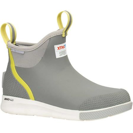 The XTRATUF Sport Ankle Deck Boot delivers on a lighter boot (up to 30-percent lighter) than other 6-inch rubber boots in this category. The women's Sport is constructed with a high-performance foam BIOLITE which is ultra-durable. The one-piece outsole is SRC non-marking and slip-resisting. This 100-percent waterproof boot delivers the comfort and agility of a sneaker with long cushion life and high energy return, all while offering the same traction benefits of a full rubber boot. Size: 5.  Col Deck Boots, Female Angler, Fishing Boots, Long Cushion, 6 Inch Heels, Yellow Boots, Rubber Boot, Light Boots, Rubber Boots