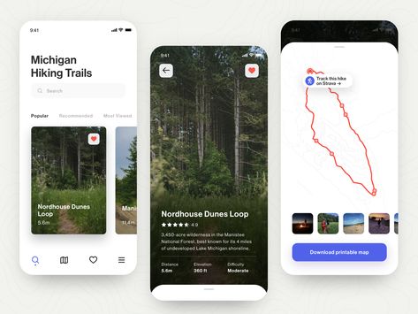 Hiking Trail App Concept by Daron Simon Forest App, Hotel Booking App, App Map, Ui Design Mobile, App Concept, Color Design Inspiration, Mobile App Design Inspiration, Software Apps, Ios Design