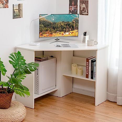 Amazon.com: Tangkula White Corner Desk, 90 Degrees Triangle Corner Computer Desk for Small Space, Bedroom Corner Makeup Vanity Desk with Storage Shelves & CPU Stand, Space Saving Corner Writing Desk : Home & Kitchen White Corner Desk, Cpu Stand, Corner Writing Desk, Space Saving Bedroom, Makeup Vanity Desk, Small Computer Desk, Desks For Small Spaces, Corner Computer Desk, Small Space Bedroom