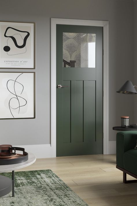 We love the new Howdens 1930s Glazed Door. This interior door comes pre-primed so that only a top-coat is required for a professional and lasting finish. Finish off the green door with brass door hardware / brass door handles for a traditional look. This glazed internal door is perfect for any home. Doors Colors Interior Indoor, Internal Door Paint Ideas, Internal Painted Doors Ideas, Interior Green Doors, Olive Door Color, Green Interior Doors With White Trim, Glazed Internal Doors Hallway, Internal Door Colours, Green Internal Doors