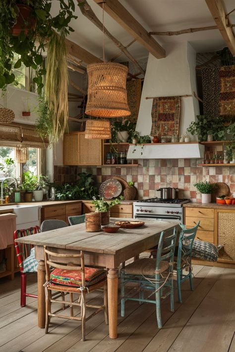 Rustic kitchen with a wooden dining table, mismatched chairs, hanging plants, and a colorful tiled backsplash. Boho Mid Century Kitchen, Thrifted Interior, Boho Small Kitchen, Boho Kitchen Ideas Bohemian Style, Dining Decoration Ideas, Modern Scandi Kitchen, Shabby Chic Bedrooms On A Budget, Kitchen Tile Inspiration, Boho Style Kitchen