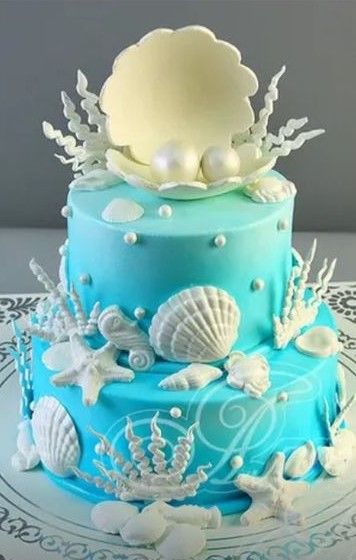 Seashell Birthday Cake, Seashell Cake Topper, Wedding Cake Sea Theme, Sea Shell Cake Idea, Buttercream Sea Cake, Beach Birthday Cake, Beach Wedding Cake, Beach Birthday, Cake Decorating Designs