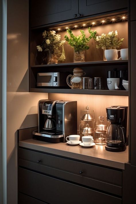 Coffee Bar Ideas Luxury, Kitchen Design Coffee Station, Coffee Section Kitchen, Home Coffee Corner Ideas, Coffee Bar In Cabinet, Coffee Closet Ideas, Small Coffee Bar Ideas Kitchen, Black Coffee Bar Ideas, Coffee Bar Home Modern