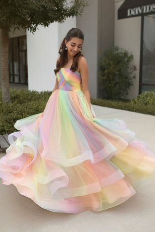 Multicolor 3-Tier Quince Dress with Corset Back | David's Bridal Rainbow Dress Women, Rainbow Prom Dress, Pastel Rainbow Dress, Prom 2k22, Poofy Prom Dresses, Dress With Corset Back, Rainbow Wedding Dress, Rainbow Stuff, Rainbow Dresses