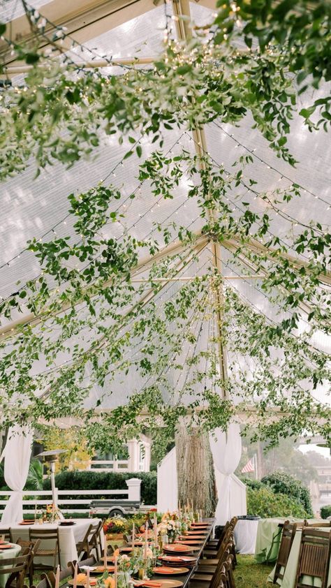 Use greenery to decorate your wedding tent to create a magical atmosphere. Reception Tent, Tent Decor, Clear Tent, Unique Wedding Receptions, Wedding Autumn, Tent Decorations, November Wedding, Savannah Wedding, Wedding Tent