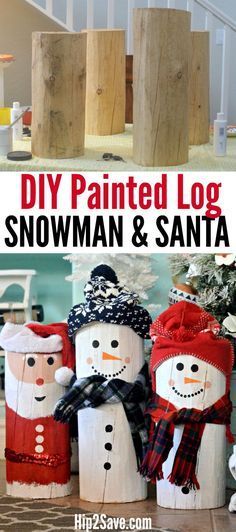 DIY Painted Santa & Snowman Logs Easy Christmas Crafts To Make, Log Snowman, Snowman Crafts Diy, Christmas Gifts Ideas, Painted Santa, Cute Christmas Decorations, Christmas Crafts To Make, Top Diy, Christmas Wood Crafts