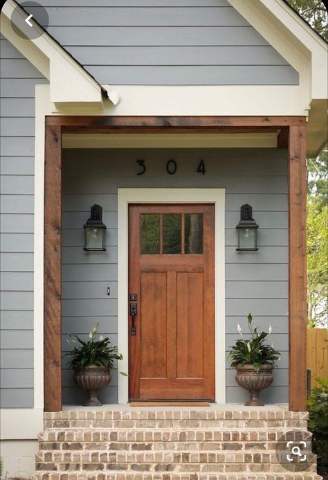 Craftsman House Front Porch, House Colors Outside Paint, Craftsman Style Door Exterior, Cedar Shutters On Gray House, Front House Wood Accents, Grey House Door Color Ideas Exterior, Front House Remodel Exterior Makeover, Craftsmen Style Home, Craftsman Entryway Exterior