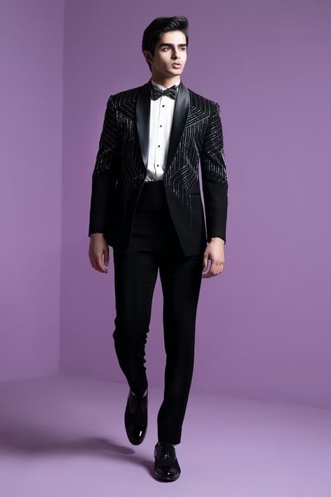 Designer Tuxedo & Suits For Men | Menswear Collection Online Groom Sangeet Outfit For Men, Sangeet Outfit For Men, Engagement Suits, Wedding Suits For Bride, Embroidered Tuxedo, Reception Suits, Tuxedo Suit For Men, Wedding Suits Men Black, Indian Wedding Suits Men