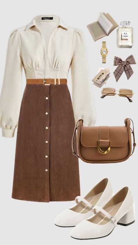 #modestfashion #oldmoney #vintage #vintageaesthetic #classy #outfit #academia #schoolfit #churchoutfit #modest #neutral #brown #skirt #outfitideas 70s Inspired Outfits, Modesty Outfits, Modest Outfit, Cute Modest Outfits, Casual Outfit Inspiration, Brown Skirt, Dress Up Outfits, Classy Work Outfits, Fashion Now