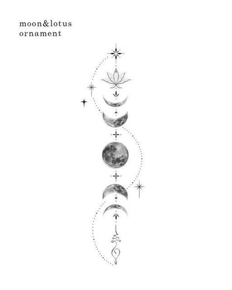 Moon Tattoo Designs Back, Moonphase Tattoo On Back, Lunar Tattoo Design, Delicate Moon Phase Tattoo, Ornamental Moon Phases Tattoo, Moon Phases Down Spine Tattoo, Moon And Stars Spine Tattoo, Spine Moon Tattoo, Earth And Moon Tattoo