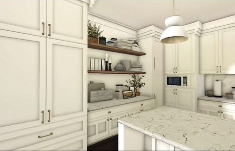 White Kitchen Bloxburg, Realistic Kitchen Ideas Bloxburg, Suburban Bloxburg Kitchen, Bloxburg Room Ideas Kitchen, Realistic Farmhouse, Modern French Home, Brick Townhouse, Realistic Kitchen, Bloxburg Interior