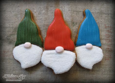 Santa Cookies by Melissa Joy Cookies Gnome Sugar Cookies, Hanukkah Baking, Gnome Cookies, Polymer Christmas, Gnome Cookie, Gnome Party, Joy Cookies, Mushroom Cookies, Caramel Shortbread