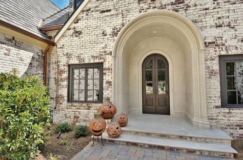 Paint Brick Fireplace, Brick Whitewash, Brick Limewash, Whitewash Brick House, Brown Windows, Brown Brick Exterior, Limewash Brick, Cottage Shutters, Paint Brick