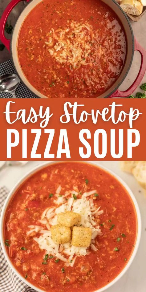 Pizza Soup Recipe - Eating on a Dime Tomato Based Soup, Stovetop Pizza, Pizza Soup Recipe, Quick Soup Recipes, Canned Spaghetti Sauce, Pizza Soup, Eating On A Dime, Simple Soup, Homemade Soup Recipe