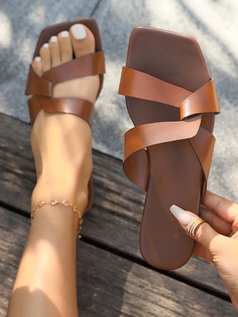 Women's Leather Flip Flops With Square Toe, Non-Slip Soft Sole Beach Shoes, Cross-Band DesignI discovered amazing products on SHEIN.com, come check them out! Leather Flip Flops Womens, Flip Flops Women, Women Footwear, Shoe Trends, Leather Flip Flops, Leather Sandals Women, Beach Shoes, Amazing Products, Ankara