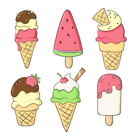 Cute Ice Cream Drawing, Draw Ice Cream, Ice Cream Cute, Ice Cream Cartoon, Ice Cream Poster, Penanda Buku, 귀여운 음식 그림, Cute Easy Doodles, Pola Sulam