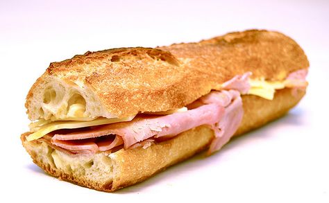 Ham and Cheese Baguette: Now that's the Parisian sandwich I remembered enjoying! A baguette with 2-3 simple ingredients and one of them being sweet butter. Yum! Ham And Cheese Baguette, Cheese Baguette, Game Night Food, French Sandwich, Baguette Sandwich, Food Tool, Ham Sandwiches, Sweet Butter, Unhealthy Food