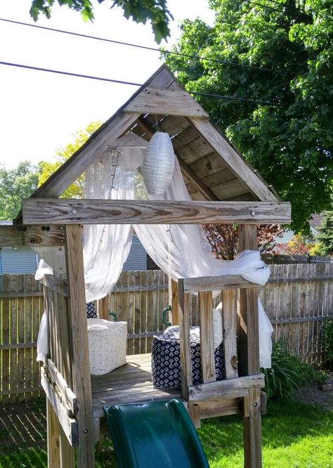 Repurposed the kids swing set into a cozy hangout now that they're teens!                                                                                                                                                     More Teen Outdoor Hangout, Small Shed Ideas Hangout, Shed Ideas Hangout, Swingset Ideas, Small Shed Ideas, Playset Makeover, Natural Playground Ideas, Small Shed, Backyard Hangout