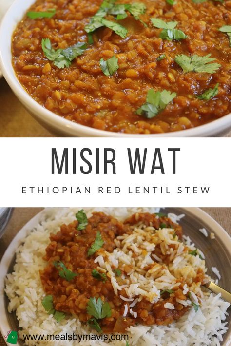 Misir wat is a delicious and nutritious  Ethiopian red lentil stew. It uses simple ingredients and is a great meal to have on your weeknight dinner rotation. Red Stew, Red Lentil Stew, Ethiopian Lentils, Ethiopian Cuisine, Ethiopian Food, Lentil Stew, Lebanese Recipes, Lentil Recipes, Red Lentil