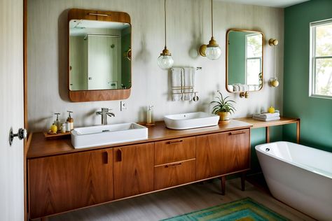 midcentury modern-style (hotel bathroom interior) with bathroom sink with faucet and bath towel and bathroom cabinet and mirror and plant and toilet seat and waste basket and bathtub. . with minimalist and function over form and nature indoors and wood pendant light mid century modern chandelier and mid century modern mobile chandelier and vibrant colors and muted tones and natural and manmade materials. . cinematic photo, highly detailed, cinematic lighting, ultra-detailed, ultrarealistic, phot Mid Century Modern Farmhouse Bathroom, Small Mid Century Modern Bathroom, Mid Century Tile Bathroom, Mcm Bathtub, Midcentury Bathroom Design, Mid Century Modern Toilet, Bathroom Mid Century Modern, Modern Ensuite, Midcentury Modern Bathroom