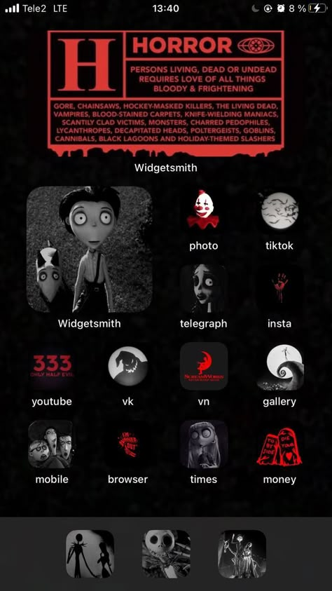 Phone Theme Ideas Red And Black, Halloween Phone Theme Ideas, Tim Burton Phone Theme, Scream Phone Theme, Horror Phone Theme, Gothic Phone Theme, Goth Phone Theme, Emo Phone Theme, Red Phone Layout