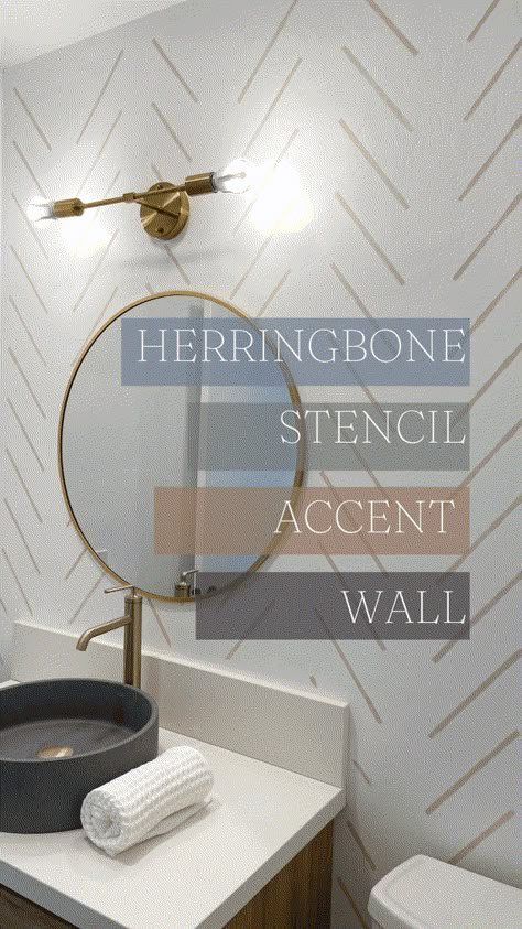 Diy Wall Paint Designs Pattern, Herringbone Accent Wall Wallpaper, Bathroom Wall Pattern Ideas, Herringbone Accent Wall Paint, Accent Wall Stencil Ideas Bathroom, Modern Paint Accent Wall, Laundry Room Wall Stencil Ideas, Hand Painted Herringbone Wall, Diy Herringbone Wall Paint Sponge