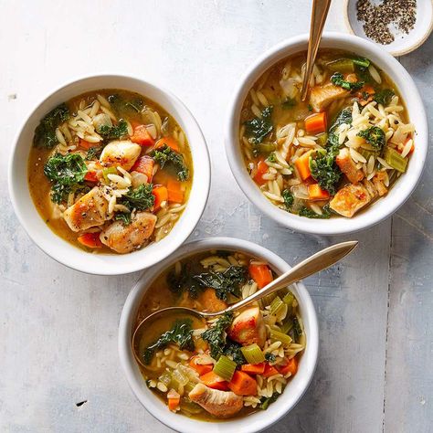 This healthy, easy soup is loaded with vegetables, protein and fiber to keep you full and fueled. Serve this winter soup topped with a sprinkle of Parmesan cheese, and a side of garlic toast. Kale Orzo Soup, Kale Orzo, Lemon Chicken Orzo, Chicken Kale, Orzo Soup, Chicken Orzo, Chicken Orzo Soup, Lemon Chicken Orzo Soup, Winter Soups