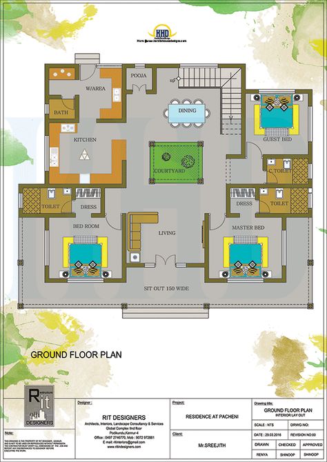 Ground floor plan Kerala Traditional House, Budget House Plans, 2bhk House Plan, Kerala House, Indian House Plans, Free House Plans, Courtyard House Plans, Duplex House Plans, 3d House