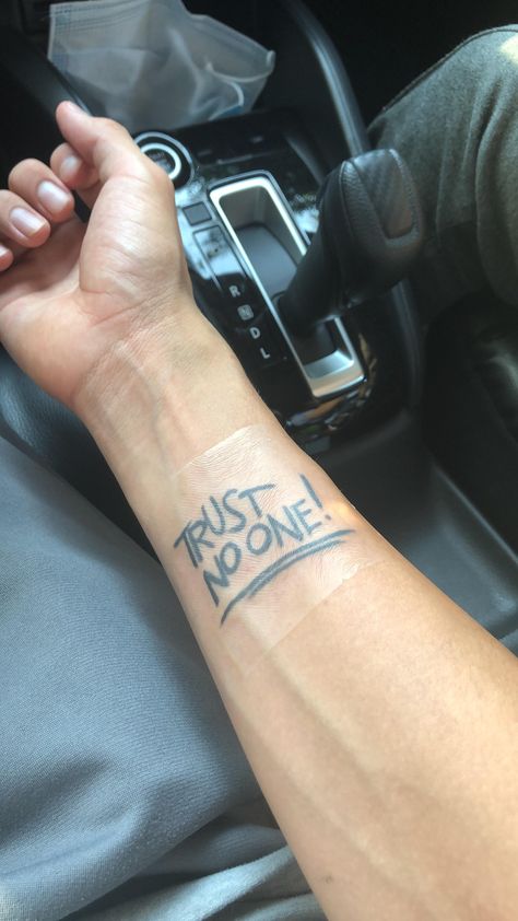 Knives Out Tattoo, Dont Trust Tattoo, Trust No One Tattoo Design Fonts, Gravity Falls Tattoo Ideas, Trust No One Tattoo Design, Join Or Die Tattoo, Tv Show Tattoos, Trust No One Tattoo, Ford Tattoo