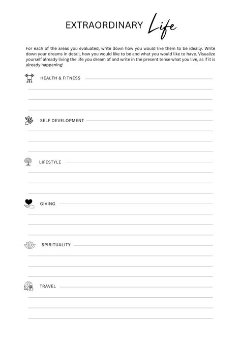 Dream Life Worksheet, Etsy Worksheets, Life Worksheets, Life Goal Setting, Manifestation Planner, Life Values, New Year New You, Wheel Of Life, Extraordinary Life