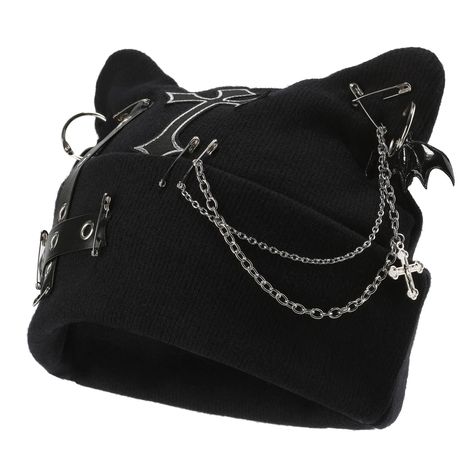 Goth Hat, Y2k Beanie, Punk Cats, Emo Accessories, Accessories Y2k, Accessories Goth, Faux Piercing, Beanies For Women, Cat Eared Beanie