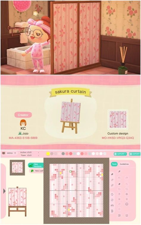 Acnh Curtain Design, Acnh Sakura Design, Acnh Pink Designs, Acnh Clothes Design Id Pink, Acnh Sakura Code, Animal Crossing Phone Case Design Grid, Animal Crossing Wallpaper Design Code, Acnh Sakura, Acnh Custom Design Codes