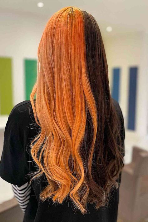 Halloween-Inspired Split Hair Dye Copper Split Dye Hair, Long Split Dyed Hair, Brown And Black Split Dye, Split Dye Ideas, Ginger Split Dye, Split Hair Dye Ideas, Split Hair Color Ideas, Halloween Hair Dye, Split Hair Dye