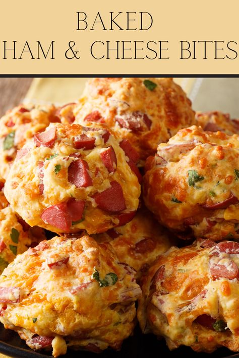 Baked ham and cheese bites are a delicious appetizer! Ham And Cheese Brunch Squares, Ham And Cheese Bites Appetizers, Ham Cheese Appetizer, Biscuits With Ham And Cheese, Ham And Cheese Appetizers For Party, Ham Appetizers Holiday, Honey Baked Ham Appetizers, Ham Hors D’oeuvres, Quiche Bites Appetizers