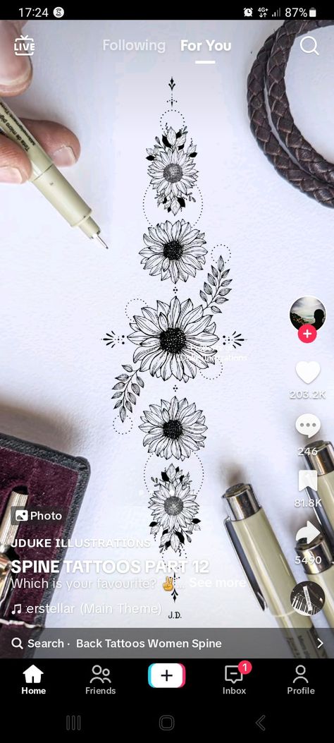 Sunflower Spine Tattoo, Sunflower Back Tattoo, Sunflower Butterfly Tattoo, Back Tattoos Spine, Skull Tattoo Flowers, Floral Back Tattoos, Flower Spine Tattoos, Cute Tattoo Ideas, Small Girly Tattoos