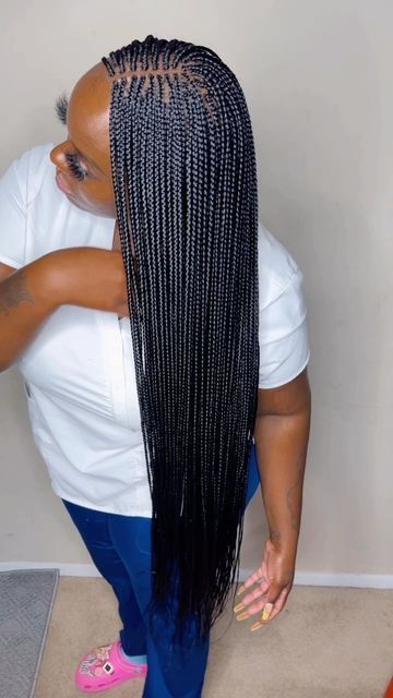 Box Braids Hairstyles Small Long, Small Box Braids With Knots, Small Box Braids Black Women, Small Waist Length Box Braids, Box Braids Small Long, Small Box Braids Hairstyles For Black Women, Small Individual Braids For Black Women, Black Small Box Braids, Box Braids Black