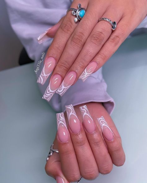 Abstract French Tip Nails, Abstract French Nails, French Acrylics, 2022 Nails, Designer Nails, Nail Sets, Acrylic Nails Coffin Pink, Long Acrylic, Acrylic Nails Coffin