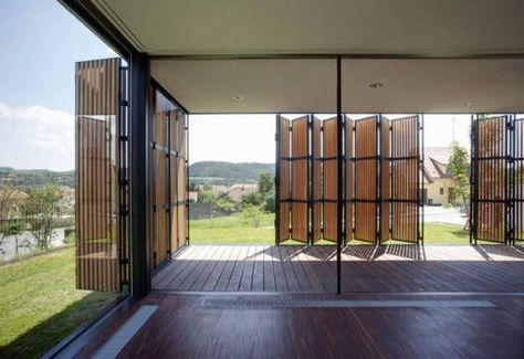 OV-A's Family House in Králuv Dvur Features a Folding Wood Shutter ... Timber Screens, Wood Shutters, Window Shutters, House Built, Story House, Facade Design, Family House, Glass Doors, Facades