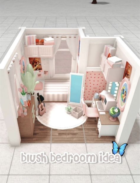 Bloxburg roblox- blush bedroom idea Blush Bedroom, Preppy House, Blocksburg Room Ideas￼, House Decorating Ideas Apartments, Small House Layout, Simple Bedroom Design, Tiny House Layout, Diy House Plans, Cute Furniture