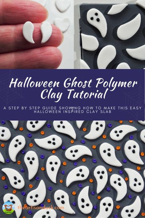 Get into the spooky season with this cute and easy ghost polymer clay tutorial. Make into fun jewellery to wear all Halloween long. Polymer Clay Ghost Earrings Tutorial, Modeling Clay Earrings Diy, Polymer Clay Halloween Tutorial, Halloween Polymer Clay Ideas Easy, Polymer Clay Halloween Jewelry, Halloween Polymer Clay Earrings Ideas, Clay Slabs Designs Easy, Fall Clay Jewelry, Ghost Earrings Polymer Clay