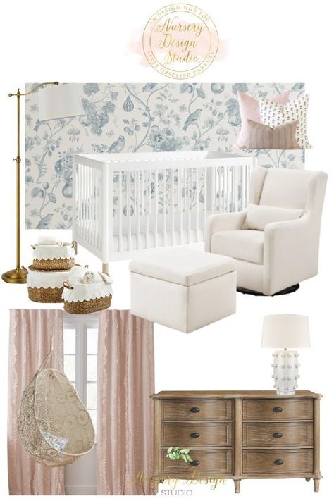 Nursery With Accent Wallpaper, Blue And Mauve Nursery, Delft Blue Nursery, Blush And Blue Nursery, Pink Green And Blue Nursery, Blue Floral Wallpaper Nursery, Light Blue And Pink Nursery, Blue Pink Nursery, Blue And White Nursery Girl