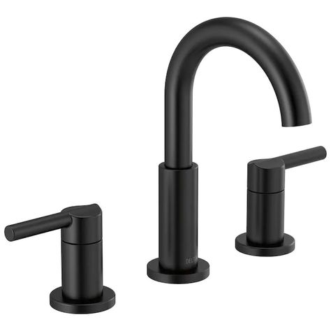 Delta Nicoli, Black Faucet Bathroom, Matte Black Bathroom Faucet, Black Bathroom Sink, Black Bathroom Faucet, Matte Black Bathroom, Bathroom Sink Drain, Widespread Bathroom Faucet, White Sink