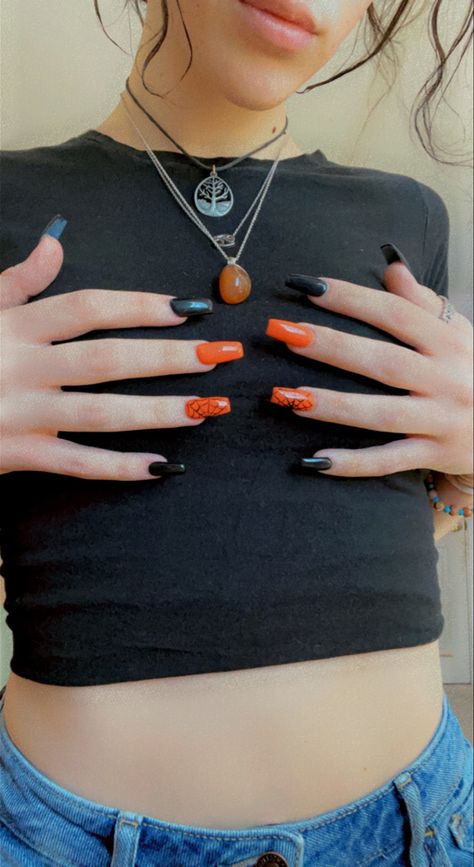 Orange And Black Spider Web Nails, Halloween Nails Black And Orange Spider Web, Orange Nails With Spider Web, Black Fall Acrylic Nails, Cute Short Acrylic Nails Square Halloween, Nails Acrylic For Halloween, Halloween Color Nails Acrylic, Orange Spider Web Nails, Halloween Nails Plain